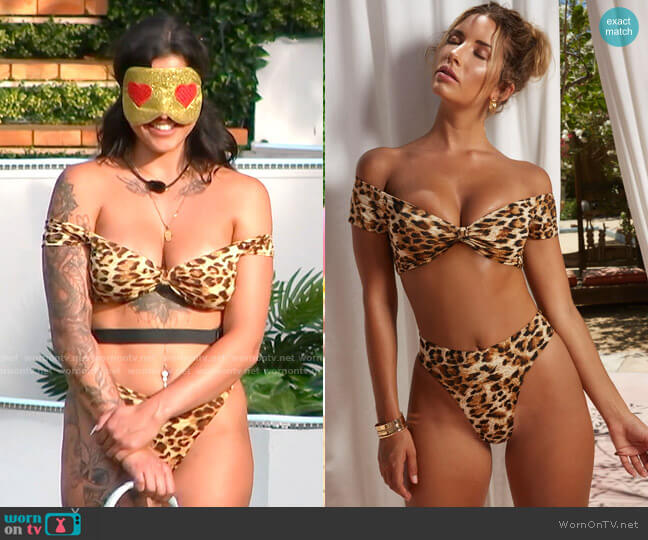 Oh Polly Wild Thoughts Off The Shoulder Bardot Bikini Top in Leopard Print worn by Valerie Bragg on Love Island USA