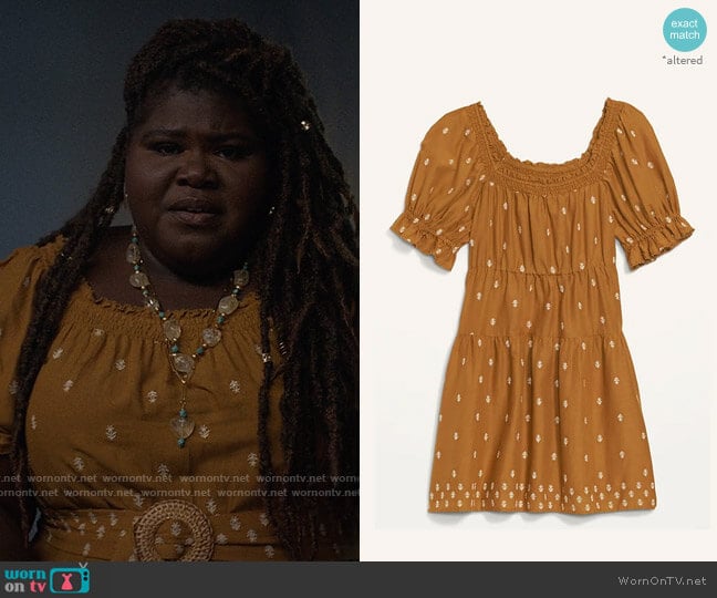 Old Navy Puff-Sleeve Tiered Smocked Embroidered Mini Swing Dress in Miners Gold worn by Jaslyn (Gabourey Sidibe) on American Horror Stories