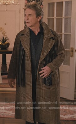 Oliver’s plaid double breasted coat on Only Murders in the Building