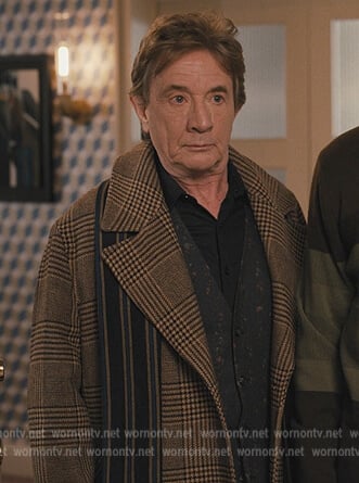 Oliver’s plaid double breasted coat on Only Murders in the Building