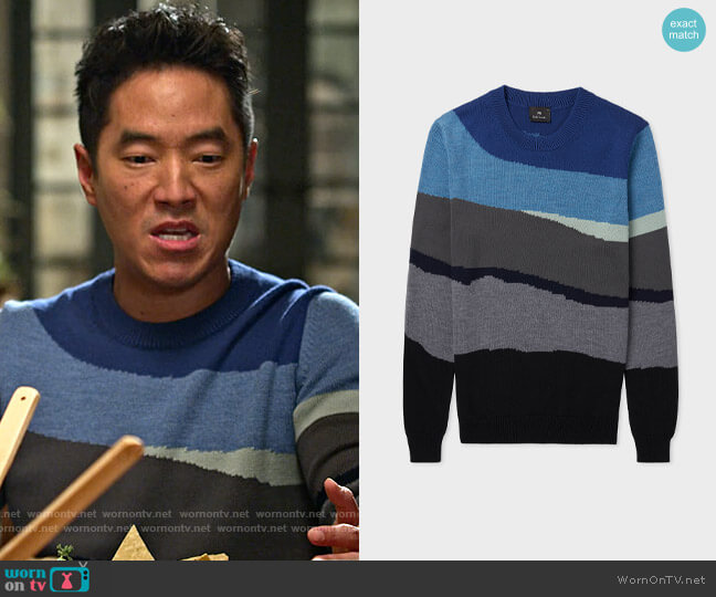 PS Paul Smith Abstract Stripe Sweater worn by Dave (Leonardo Nam) on Maggie
