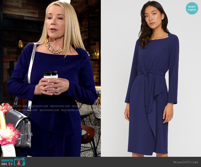 Paule Ka Belted satin-back crepe midi dress worn by Nikki Reed Newman (Melody Thomas-Scott) on The Young and the Restless