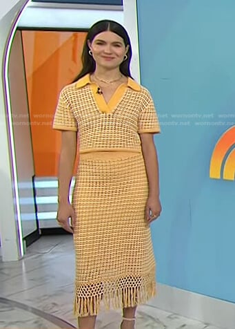 Phillipa Soo’s orange open-knit polo top and skirt on Today