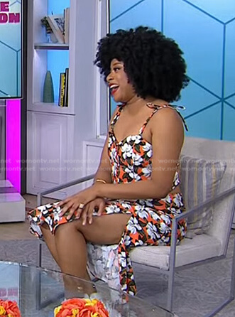 Phoebe Robinson’s orange floral top and slit skirt on Today
