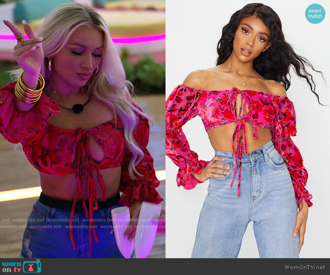 Pretty Little Thing Pink Devore Off Shoulder Long Sleeve Crop Top worn by Mady McLanahan on Love Island USA