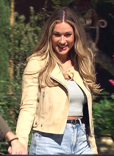 Rachel's beige suede moto jacket on The Bachelorette