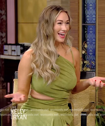 Rachel Recchia’s green one shoulder cutout dress on Live with Kelly and Ryan