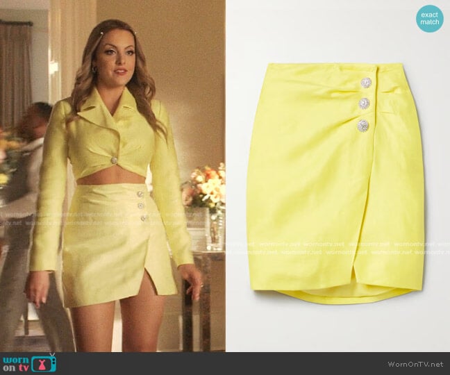 Crystal-Embellished Linen-Blend Mini Skirt by Rasario worn by Fallon Carrington (Elizabeth Gillies) on Dynasty