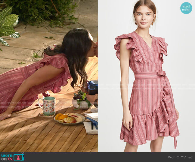 Rebecca Taylor Striped Linen Wrap Dress in Desert Rose worn by Jessie (Chloe Bridges) on Maggie