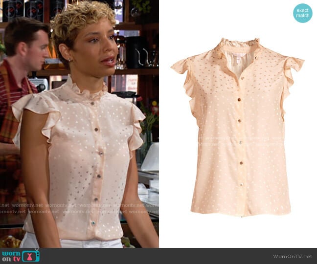 Rebecca Taylor Silk Jacquard Heart Ruffle Blouse worn by Elena Dawson (Brytni Sarpy) on The Young and the Restless