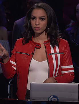 Corinne's red leather stripe jacket on Beat Shazam
