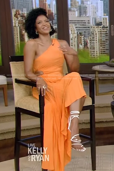 Renee Elise Goldsberry’s orange one-shoulder dress on Live with Kelly and Ryan
