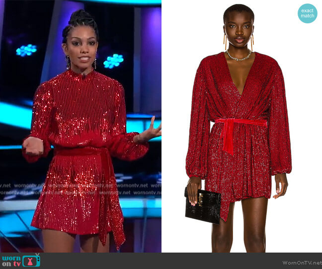 Corinne’s red sequin wrap dress on Beat Shazam