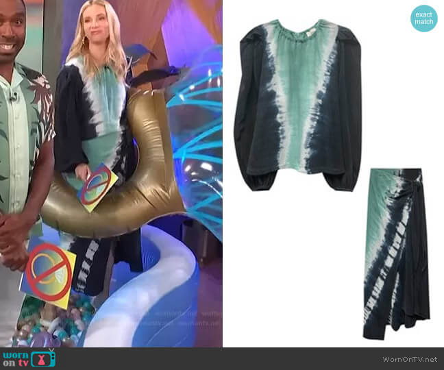 R.G. Kane Tie Dye Blouse and Skirt Set worn by Heather Morris on E! News Daily Pop