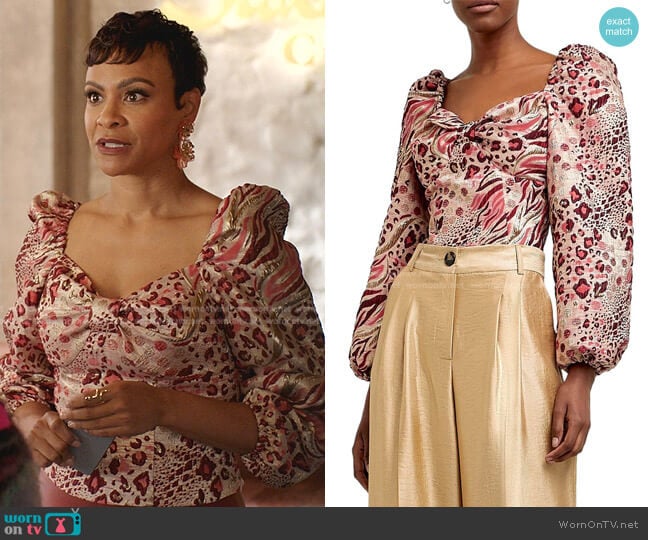 Metallic Jacquard Crop Top by River Island worn by Carly Hughes on Dynasty