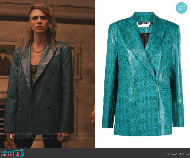 Rotate Fox Snakeskin-effect Double Breasted Blazer worn by Cara Delevingne on Only Murders in the Building worn by Alice (Cara Delevingne) on Only Murders in the Building