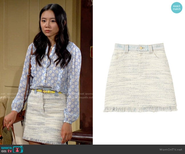 Sandro Bertille Tweed & Denim Mini Skirt worn by Allie Nguyen (Kelsey Wang) on The Young and the Restless