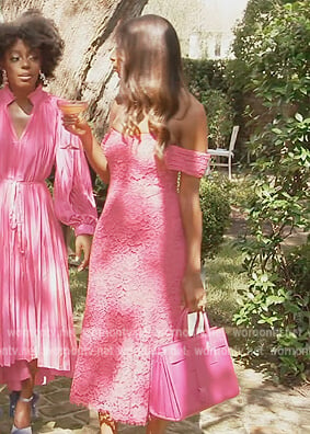 Sara's pink lace off shoulder dress on Southern Charm