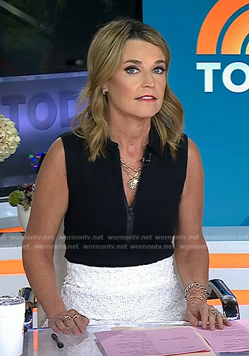 Savannah’s black half-zip top and white textured skirt on Today