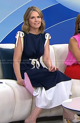 Savannah's navy colorblock tie bow detail dress on Today