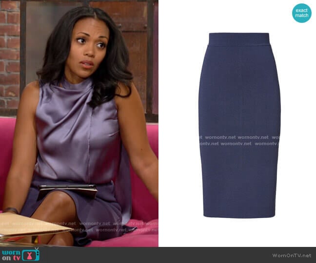 Scanlan Theodore Crepe Knit Slit Back Skirt in Slate worn by Amanda Sinclair (Mishael Morgan) on The Young and the Restless