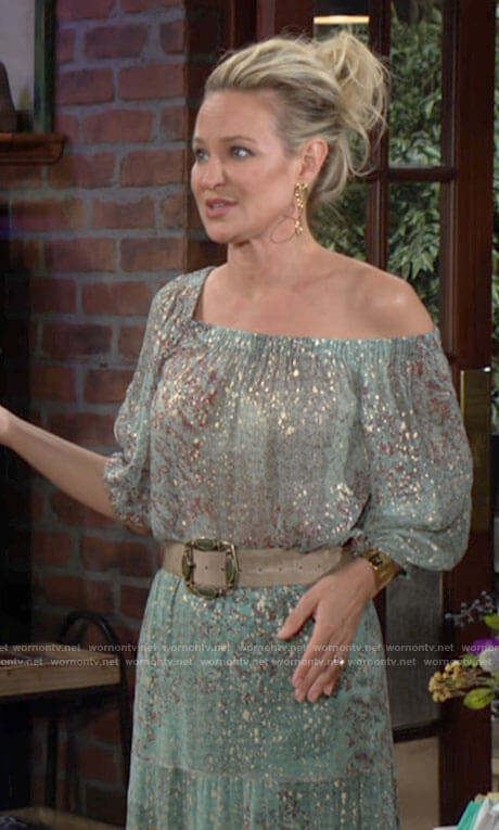 Sharon's mint green off-shoulder dress on The Young and the Restless
