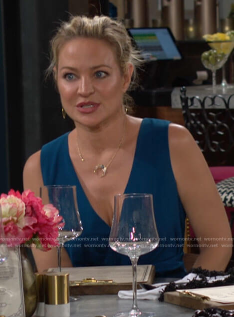 Sharon's teal blue v-neck jumpsuit on The Young and the Restless