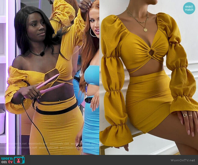 Shein Cut Out Gathered Sleeve Flounce Cuff Crop Top & Bodycon Skirt worn by Sereniti Springs on Love Island USA