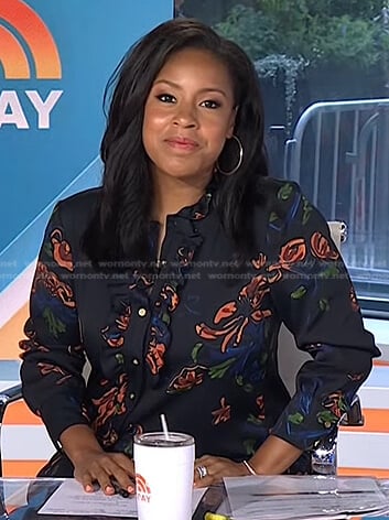Sheinelle’s black floral frilled shirtdress on Today
