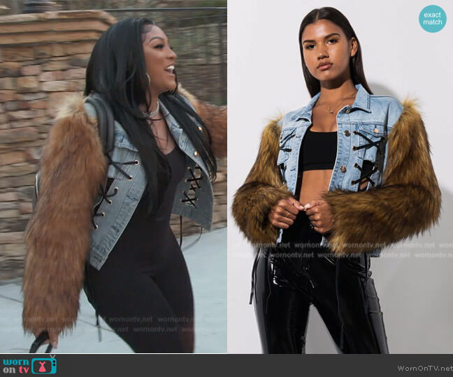 Azalea Wang Crush On You Lace Up Denim Jacket with Faux Fur Sleeves worn by Drew Sidora on The Real Housewives of Atlanta