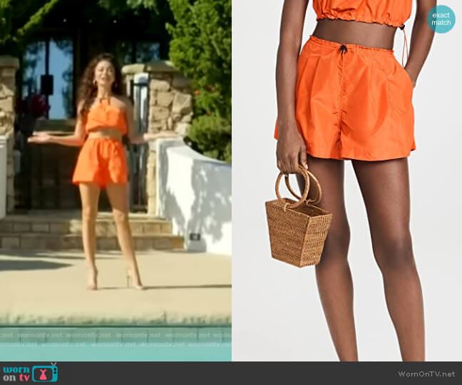 Staud Mini Coconut Shorts in Tangerine worn by Sarah Hyland on Love Island USA