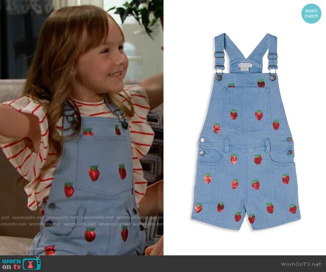 Stella McCartney Girls Sequin Strawberries Denim Short Overalls worn by Kelly Spencer (Remington Blaire Evans) on The Bold and the Beautiful