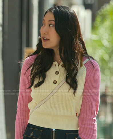 Sumi's pink colorblock polo sweater on Good Trouble