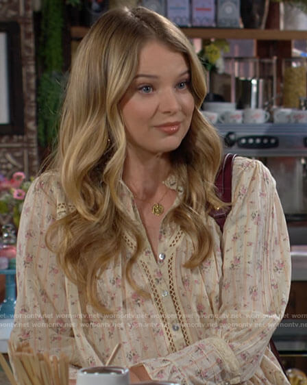 Summer’s cream floral top with lace insets on The Young and the Restless