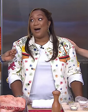 Sunny Anderson's white floral denim jacket on Today