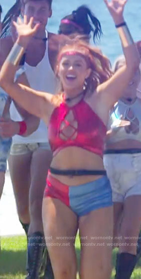 Sydney’s red metallic cutout top and two-tone booty shorts on Love Island USA