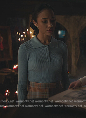 Tabitha's blue ribbed sweater and pants on Riverdale