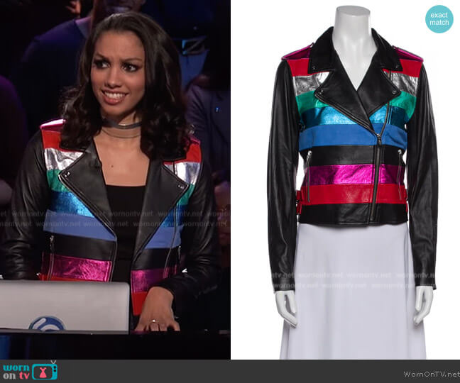 Leather Printed Biker Jacket by The Mighty Company worn by Corinne Foxx on Beat Shazam