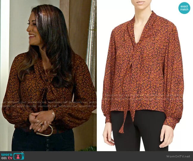 Theory Printed Tie Neck Silk Top worn by Amy (Angelique Cabral) on Maggie