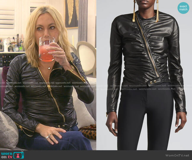 Tom Ford Asymmetric Ruched Leather Jacket worn by Sutton Stracke on The Real Housewives of Beverly Hills
