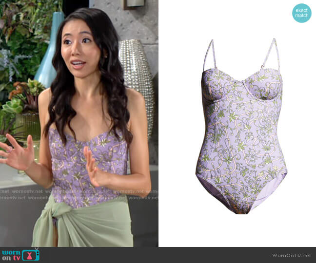Tory Burch Floral Underwire One-Piece Swimsuit in Lilac Garden Medallion worn by Allie Nguyen (Kelsey Wang) on The Young and the Restless