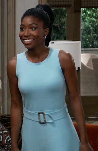 Trina's blue belted sleeveless dress on General Hospital