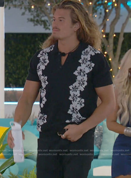 Tyler's black and white floral polo shirt on Love Island USA