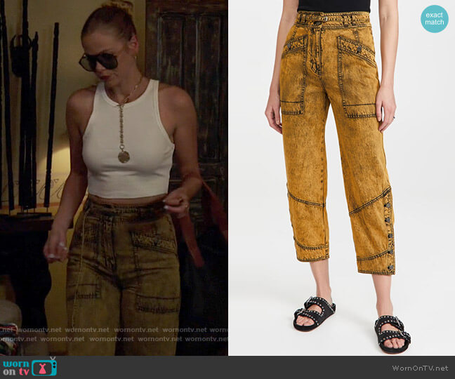 Ulla Johnson Harris Jeans in Marigold worn by Isobel Evans-Bracken (Lily Cowles) on Roswell New Mexico