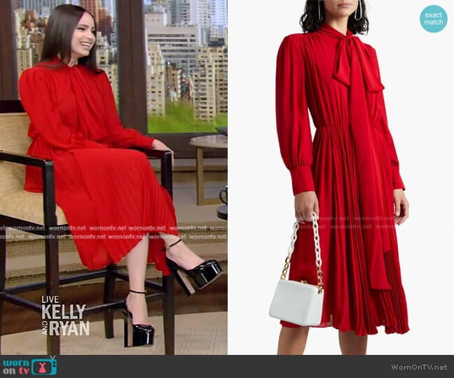 Valentino Pussy-Bow Pleated Silk Dress worn by Sofia Carson on Live with Kelly and Ryan