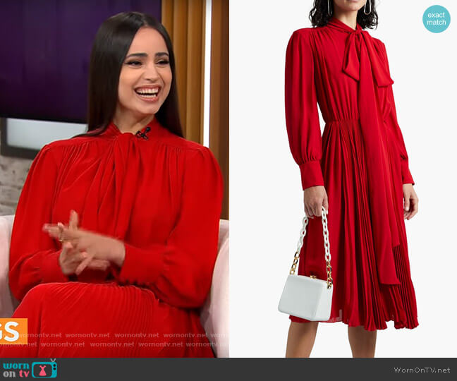 Valentino Pussy-bow pleated silk crepe de chine dress worn by Sofia Carson on CBS Mornings