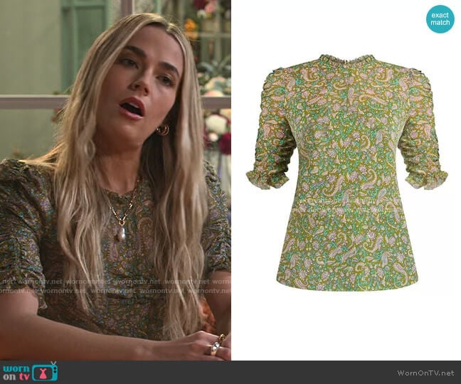 Veronica Beard Natuka Paisley Blouse worn by Maggie (Rebecca Rittenhouse) on Maggie