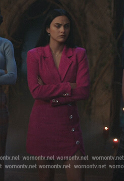 Veronica's pink textured button embellished top and skirt on Riverdale