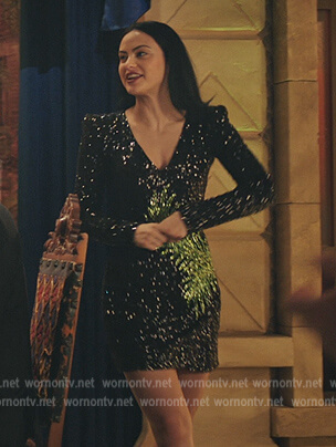 Veronica’s black palm leaf embellished dress on Riverdale