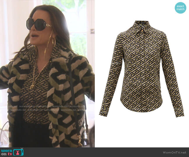 La Greca-Print Silk-Blend Blouse by Versace worn by Kyle Richards on The Real Housewives of Beverly Hills